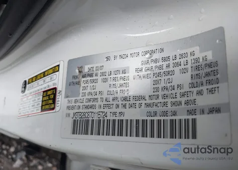 2007 Mazda Cx-9 Grand Touring from USA, damaged, VIN JM3TB28C870115724